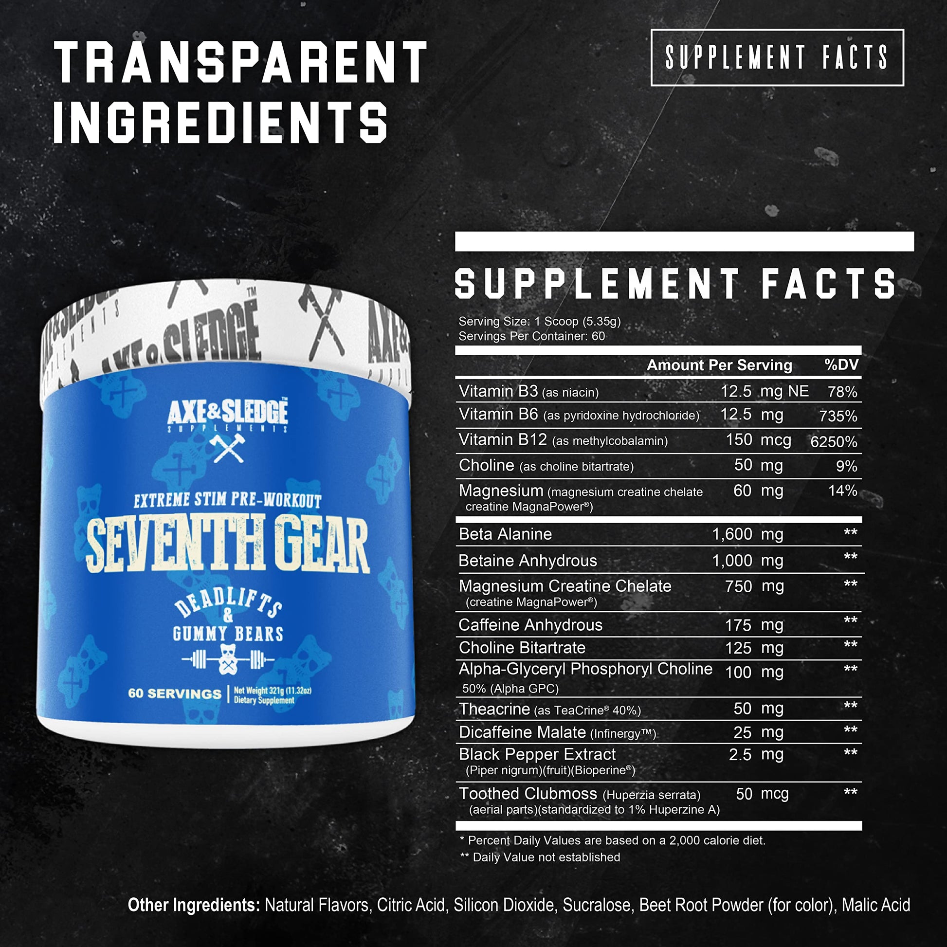 Axe & Sledge Supplements Seventh Gear Extreme Stimulant-Based Pre-Workout with TeaCrine, Infinergy, Creatine MagnaPower, Bioperine, 60 Servings (Deadlifts & Gummy Bears)