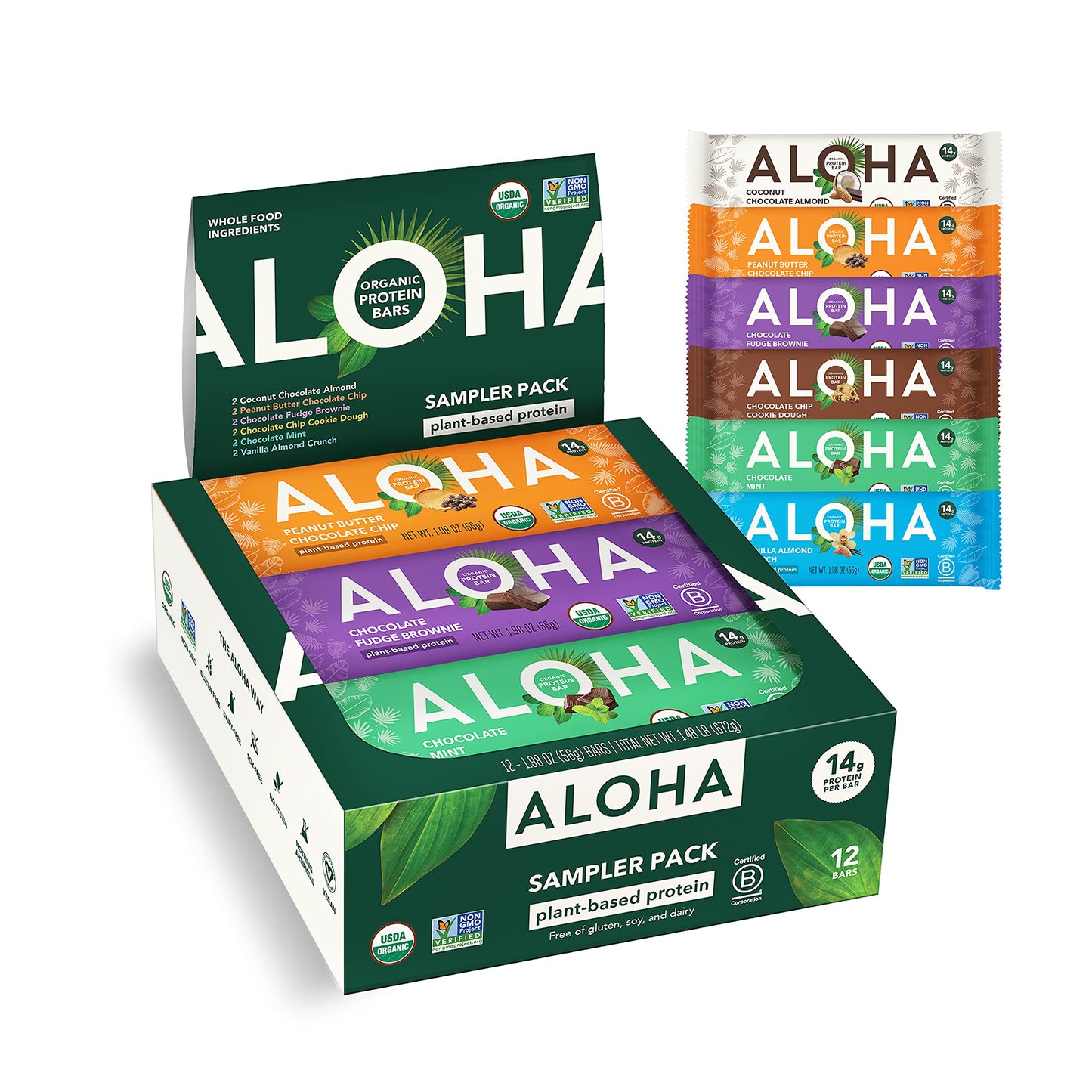 ALOHA Organic Plant Based Protein Bars - 6 Flavor Variety Pack - 12 Count, 1.9oz Bars 