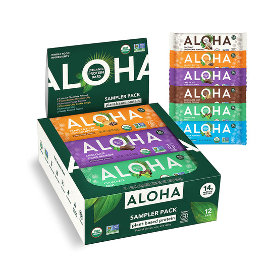 ALOHA Organic Plant Based Protein Bars - 6 Flavor Variety Pack - 12 Count, 1.9oz Bars 