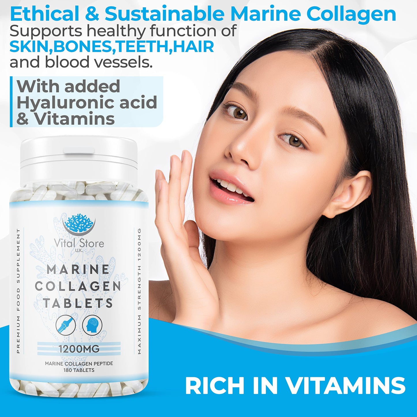 Marine Collagen Peptide Tablets 1200MG - 6 Month Supply - 180 High Strength Collagen Tablets