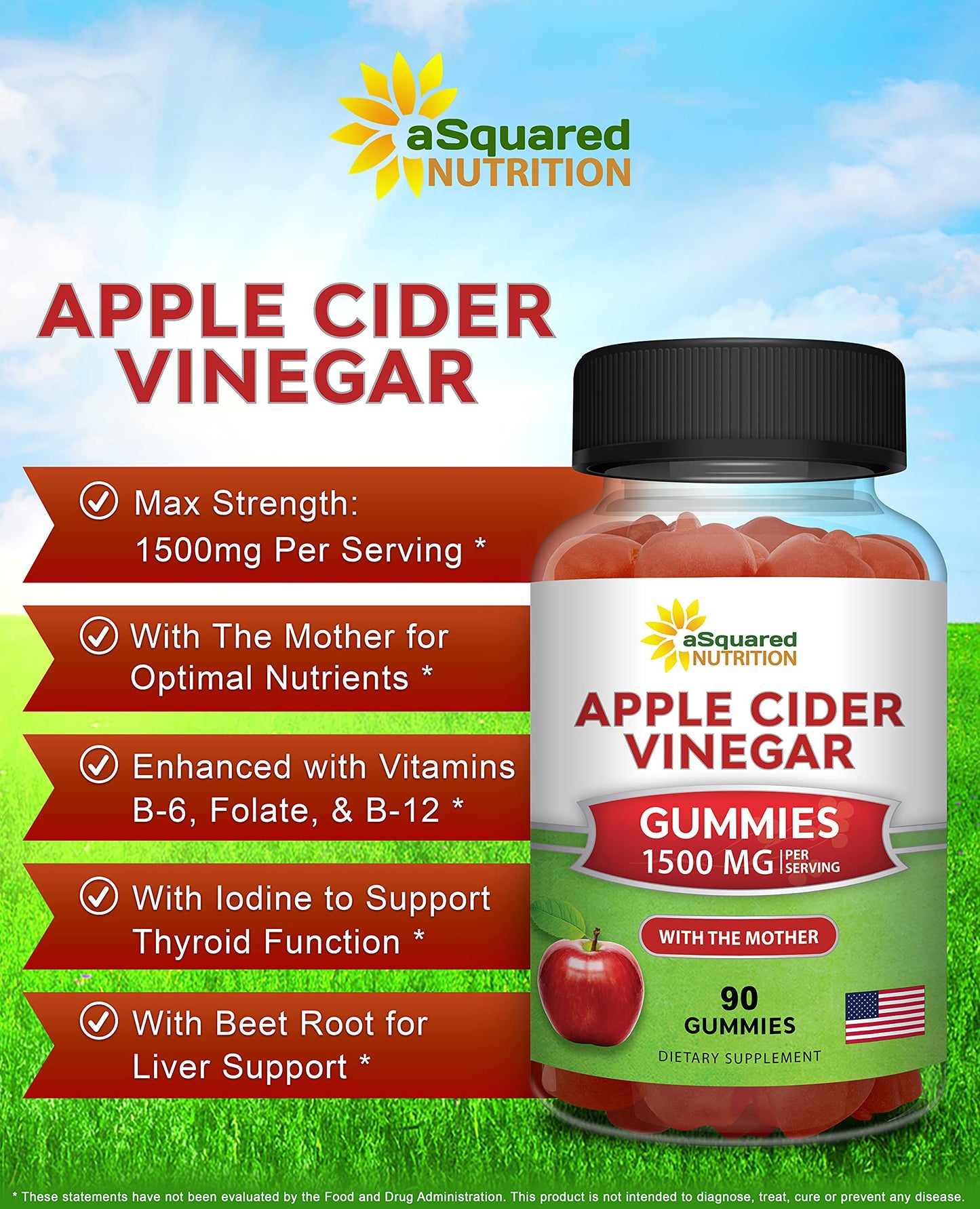 aSquared Nutrition Apple Cider Vinegar Gummies - 1500mg with The Mother - 90 ACV Gummies