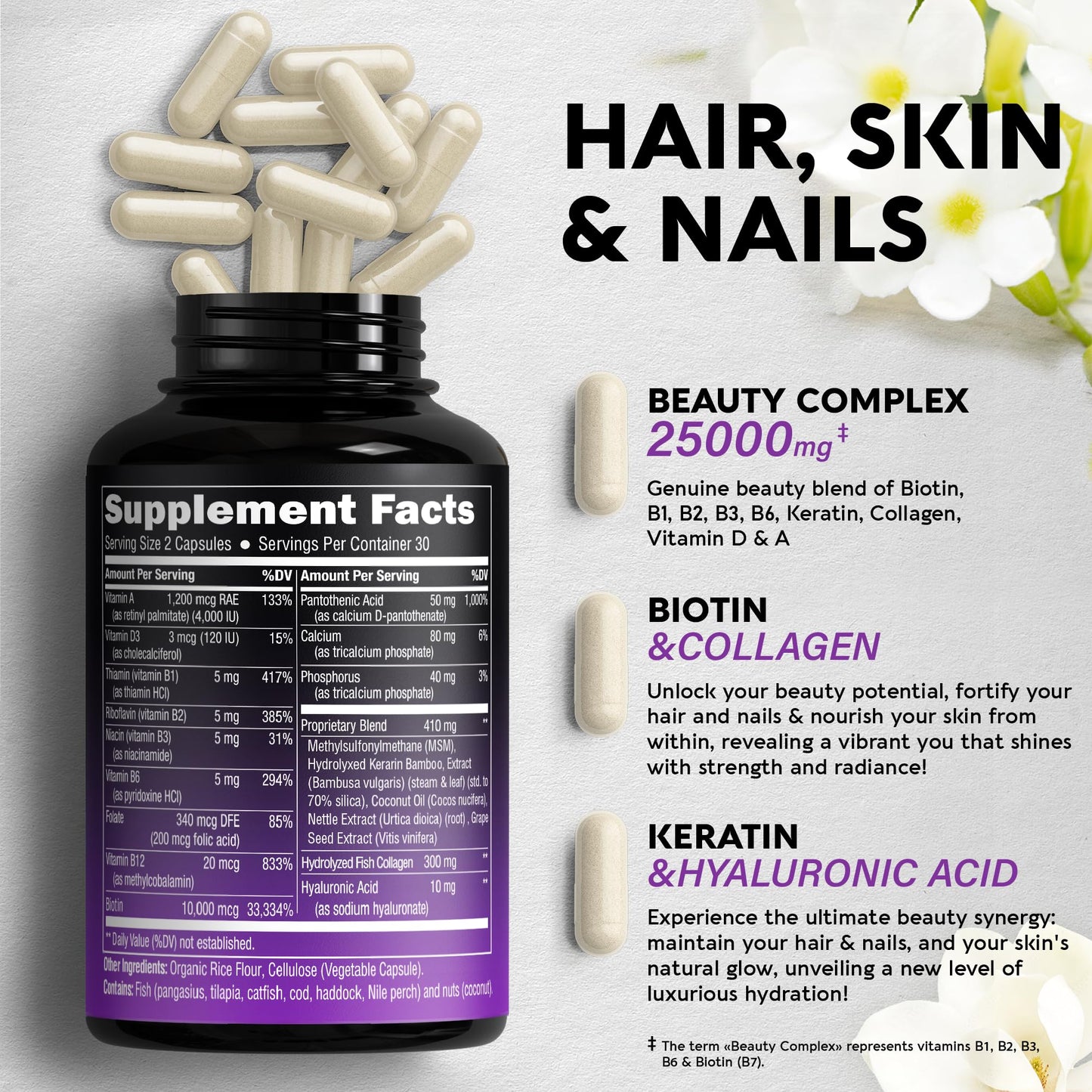 Biotin | Collagen | Keratin | Hyaluronic Acid - Hair Growth Support Pills, 25000 mcg