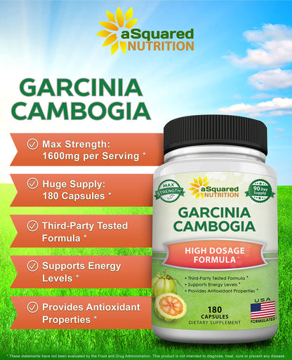 aSquared Nutrition Garcinia Cambogia 1600mg-180 Capsules-Natural Pure Extract Pills