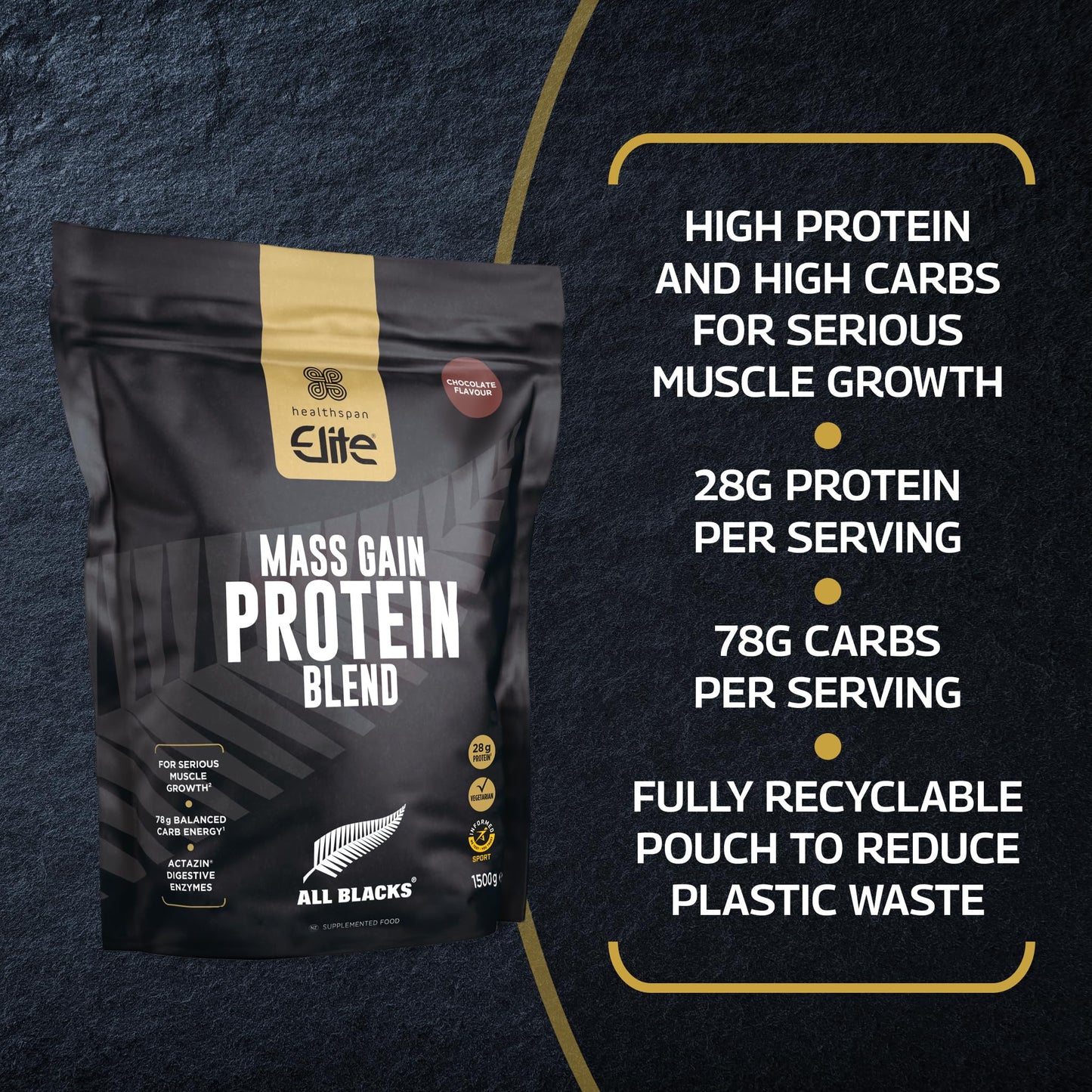 Healthspan Elite All Blacks Mass Gain Protein Blend (1500g) | Chocolate | 28g of Protein