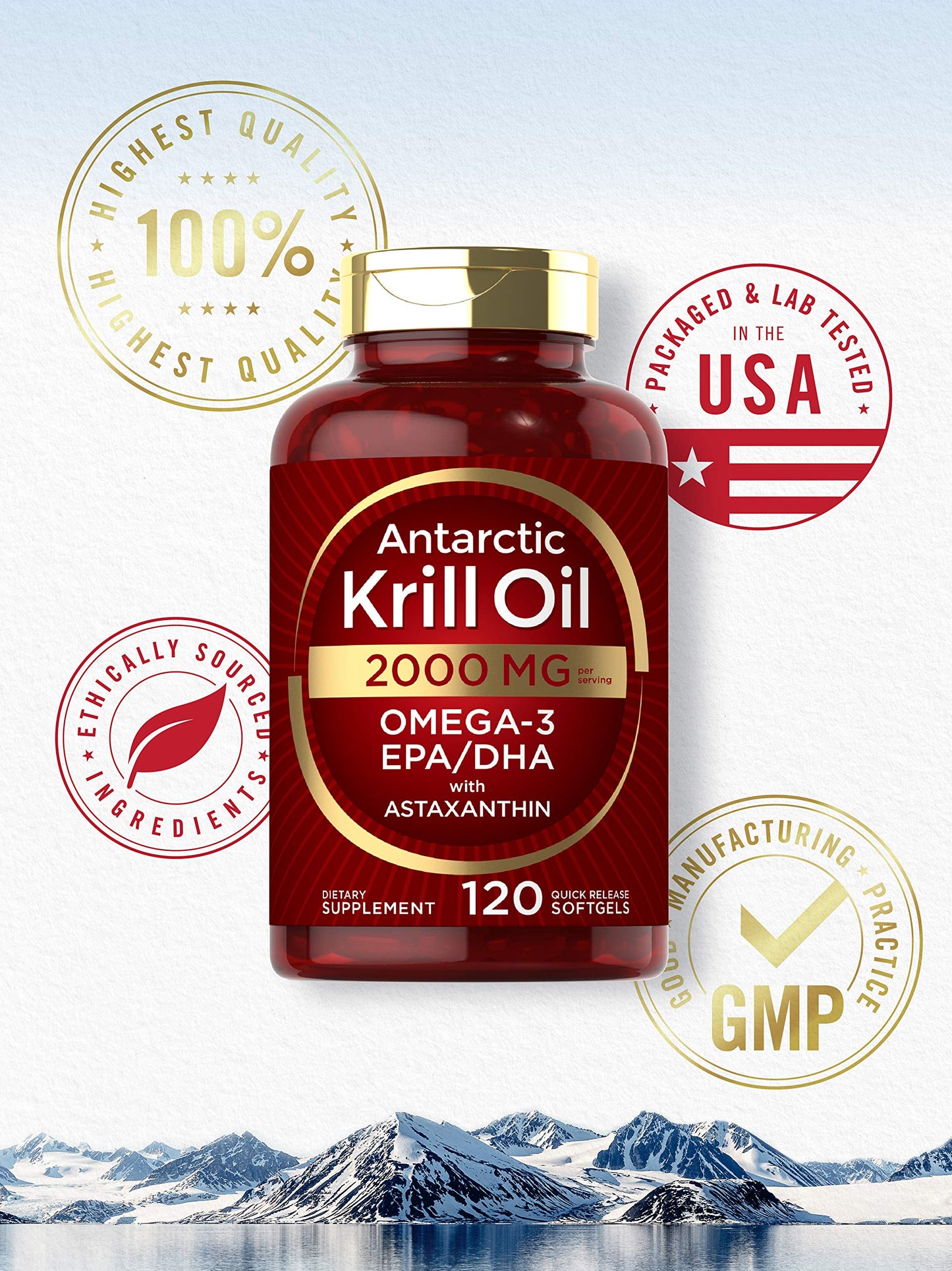 Carlyle Antarctic Krill Oil 2000 mg 120 Softgels | Omega-3 EPA, DHA, with Astaxanthin