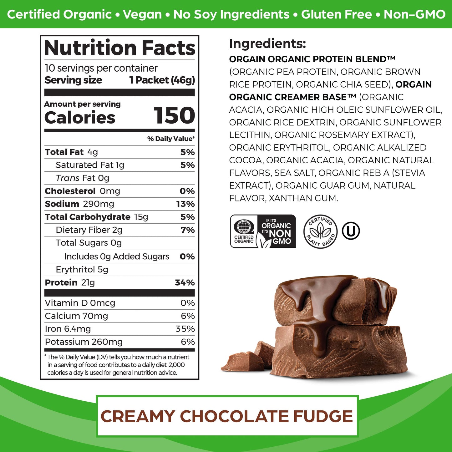 Orgain Organic Vegan Protein Powder, Chocolate Fudge - 21g Plant Based Protein, Gluten