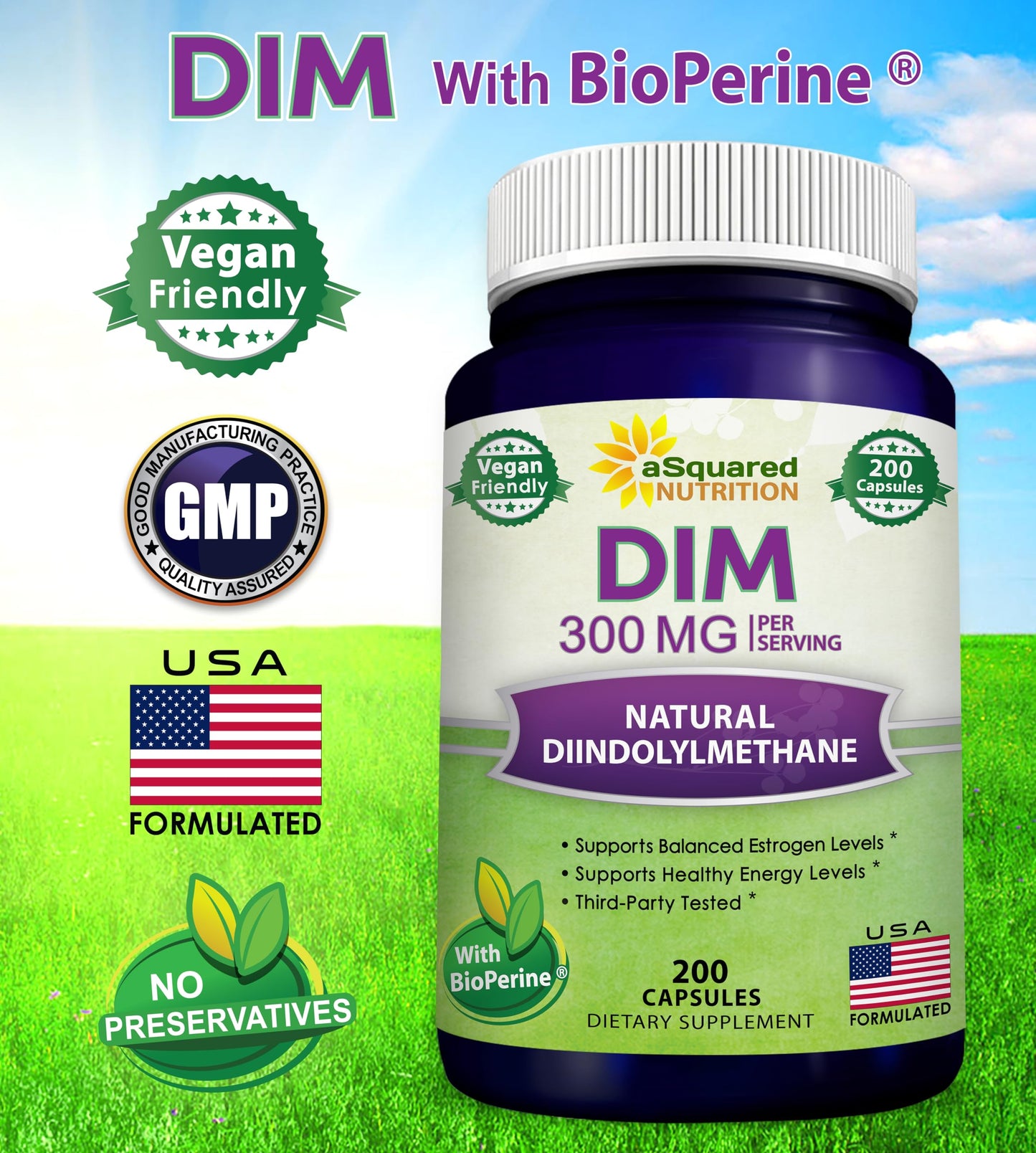 aSquared Nutrition DIM Supplement 300mg Plus BioPerine - 200 Veggie Capsules - Diindolylmethane DIM Max