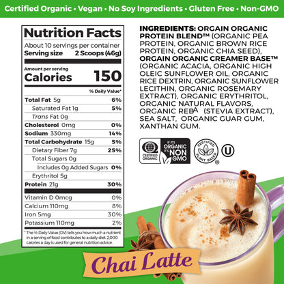 Orgain Organic Vegan Protein Powder, Chai Latte - 21g Plant Based Protein, Gluten Free