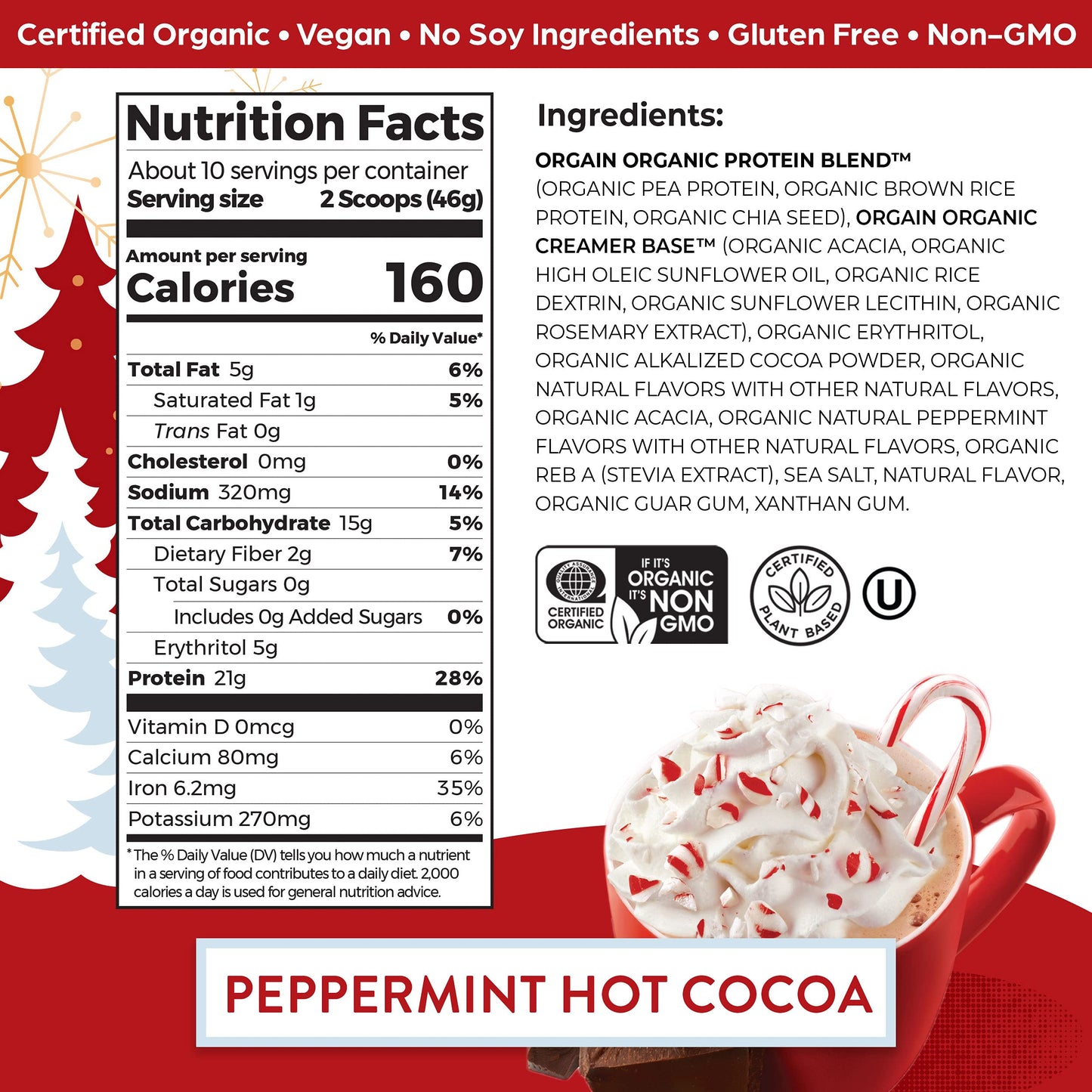 Orgain Organic Vegan Protein Powder, Peppermint Hot Cocoa Seasonal Holiday Flavor