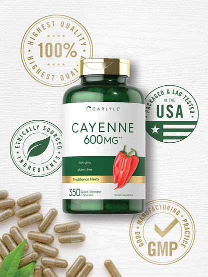 Carlyle Cayenne Pepper Capsules 600mg | 350 Pills | Non-GMO, Gluten Free Supplement