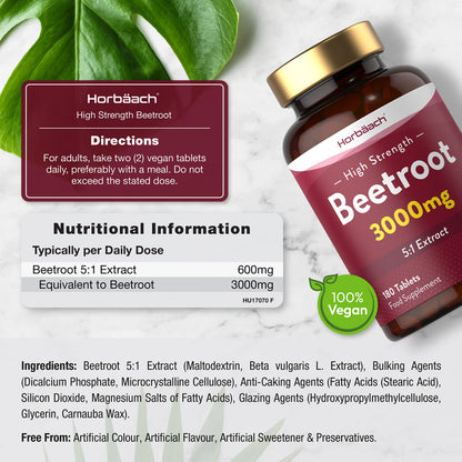 Beetroot Tablets 3000mg | 180 Count | High Strength 5:1 Extract Supplement | Nitric Oxide