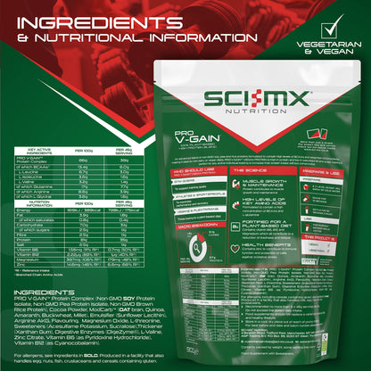 SCI-MX Pro V Gain 100% Plant Based Vegan Protein Formula With No Added Sugar - Chocolate Flavour - 900g - 20 SERVINGS