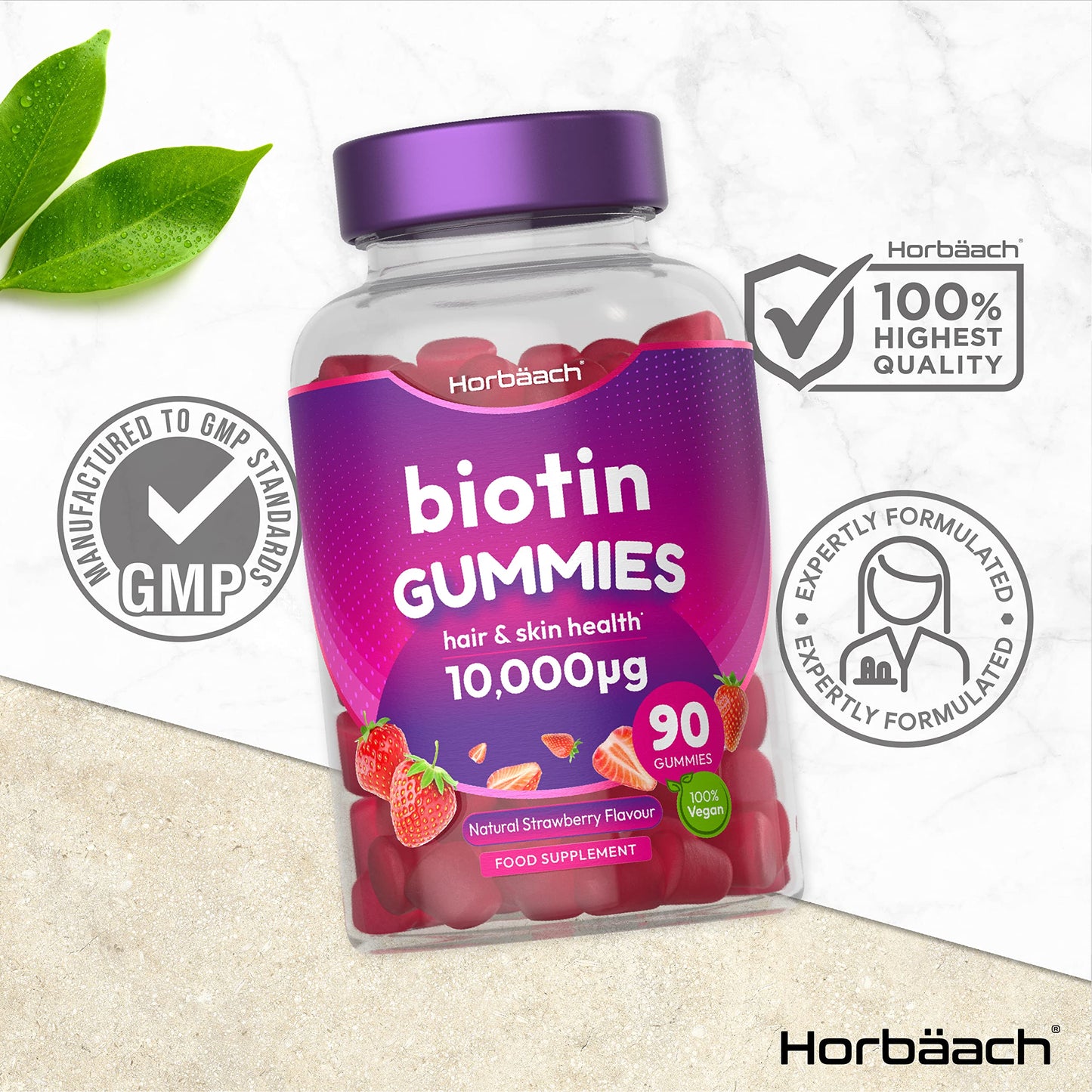 Biotin Gummies 10,000mcg | 90 Vegan Vitamins | Natural Strawberry Flavour