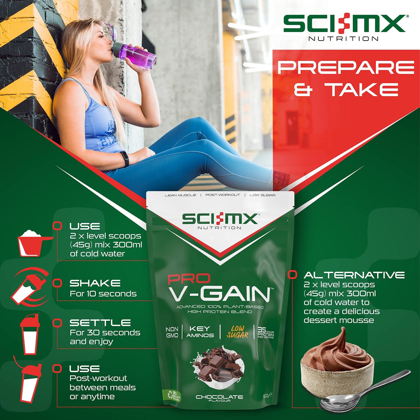 SCI-MX Pro V Gain 100% Plant Based Vegan Protein Formula With No Added Sugar - Chocolate Flavour - 900g - 20 SERVINGS