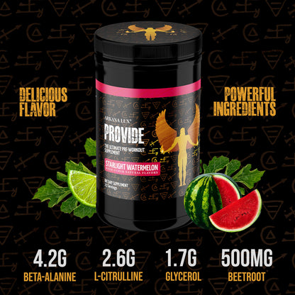 Arkana Lux Provide Pre-Workout Supplement with Beta Alanine, L-Citrulline, Glycerol and Beet Root Powder for Energy, Endurance, Pump and Metabolism (Starlight Watermelon)