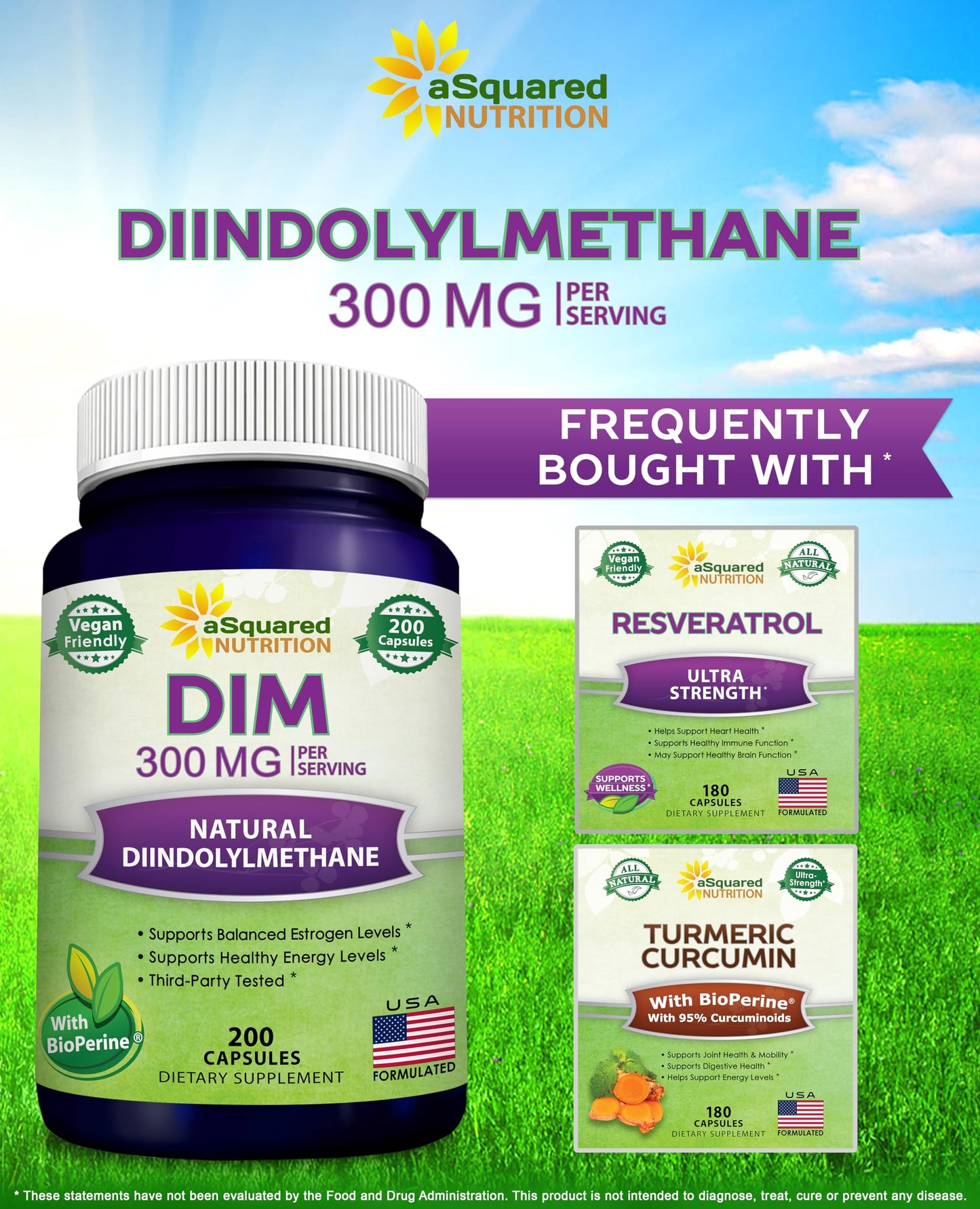 aSquared Nutrition DIM Supplement 300mg Plus BioPerine - 200 Veggie Capsules - Diindolylmethane DIM Max