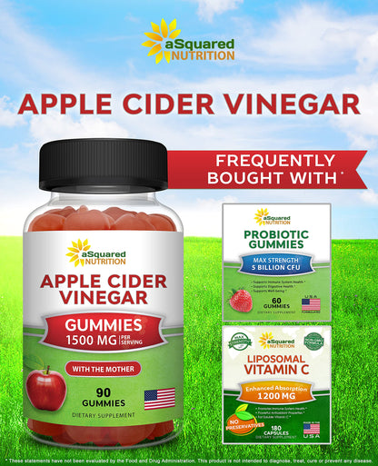 aSquared Nutrition Apple Cider Vinegar Gummies - 1500mg with The Mother - 90 ACV Gummies