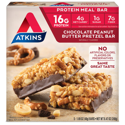 Atkins Chocolate Peanut Butter Pretzel Protein Meal Bar, High Fiber, 16g Protein, 1g Sugar