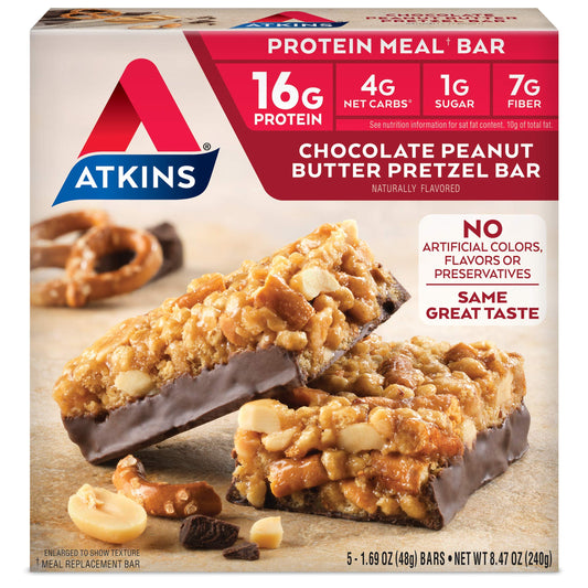 Atkins Chocolate Peanut Butter Pretzel Protein Meal Bar, High Fiber, 16g Protein, 1g Sugar