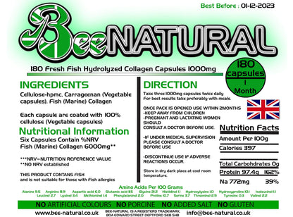 Bee-natural Pure Marine Hydrolyzed Collagen 1000mg 180 Capsules (1 Month Supply)