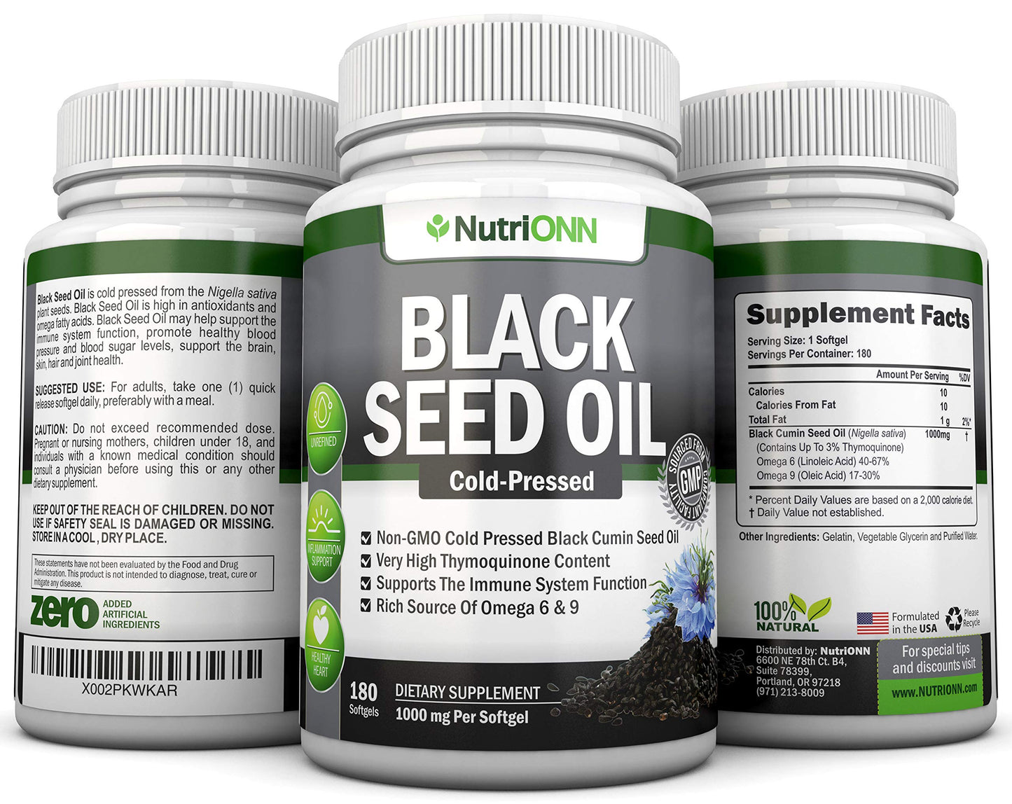 Black Seed Oil - 1000 Mg - 180 Softgels - Cold-Pressed Non-GMO Black Cumin Seed