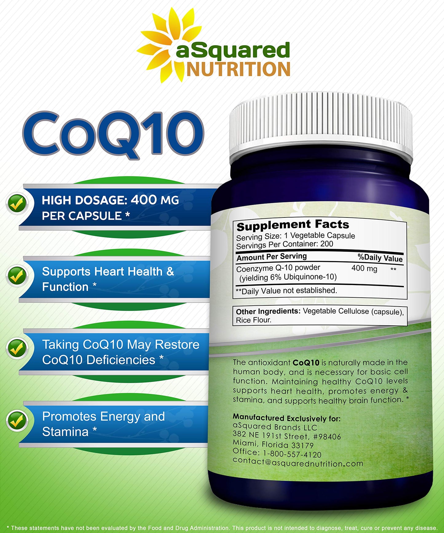 aSquared Nutrition CoQ10 (400mg Max Strength, 200 Capsules) - High Absorption Vegan