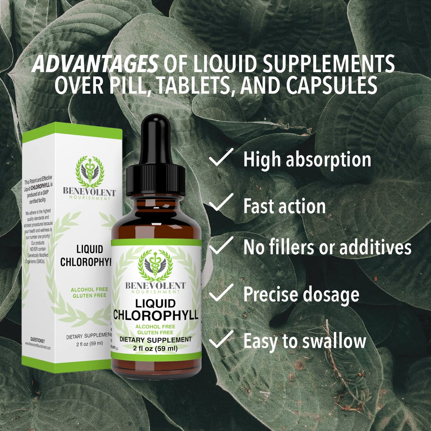 Benevolent Chlorophyll Liquid Drops - 100% Natural + 4X Potency Concentration for Energy