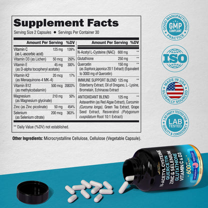 NAC 600 mg Supplement | Quercetin | Zinc | Glutathione | Selenium | Vitamin C & D3