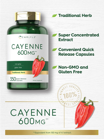 Carlyle Cayenne Pepper Capsules 600mg | 350 Pills | Non-GMO, Gluten Free Supplement