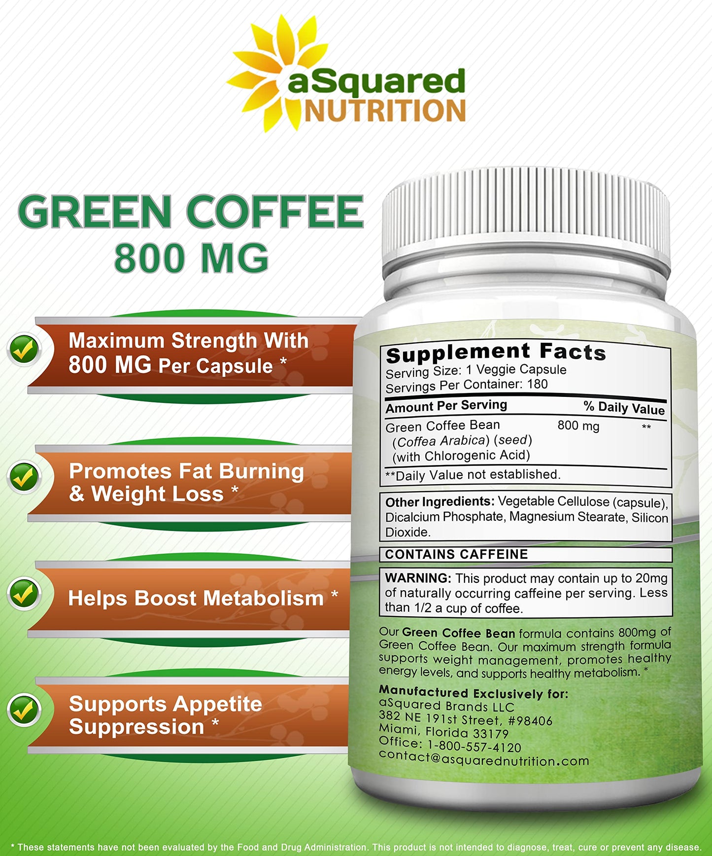 aSquared Nutrition Natural Green Coffee Bean Formula-180 Capsules-Max Strength GCA