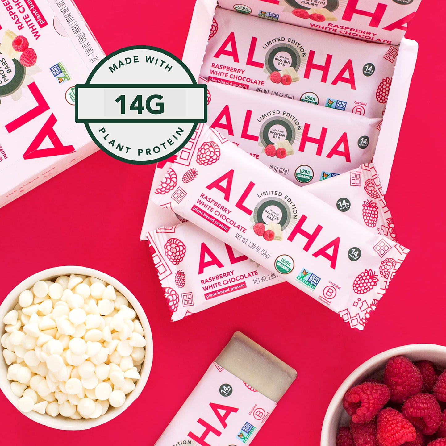 ALOHA Organic Plant Based Protein Bars | Raspberry White Chocolate | 12 Count, 1.98oz