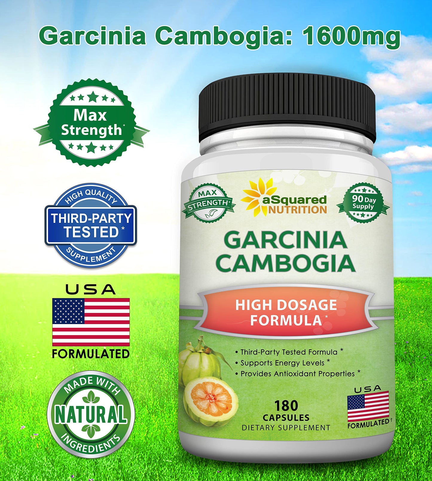 aSquared Nutrition Garcinia Cambogia 1600mg-180 Capsules-Natural Pure Extract Pills