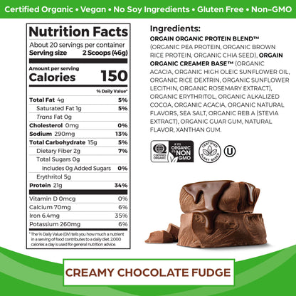 Orgain Organic Vegan Protein Powder, Creamy Chocolate Fudge - 21g Plant Based Protein