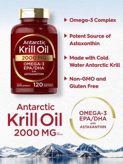 Carlyle Antarctic Krill Oil 2000 mg 120 Softgels | Omega-3 EPA, DHA, with Astaxanthin