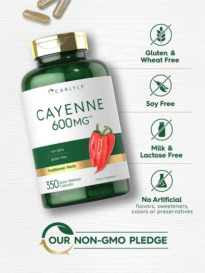 Carlyle Cayenne Pepper Capsules 600mg | 350 Pills | Non-GMO, Gluten Free Supplement