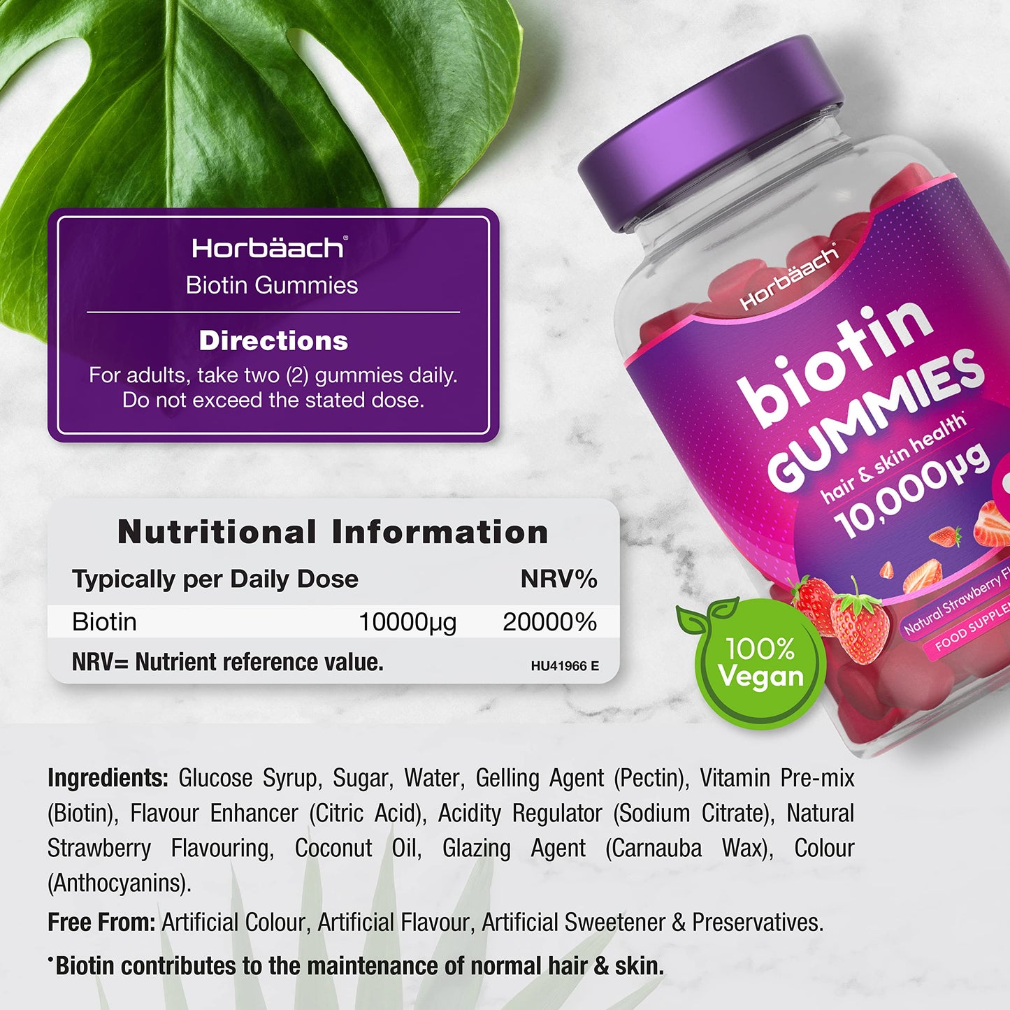 Biotin Gummies 10,000mcg | 90 Vegan Vitamins | Natural Strawberry Flavour