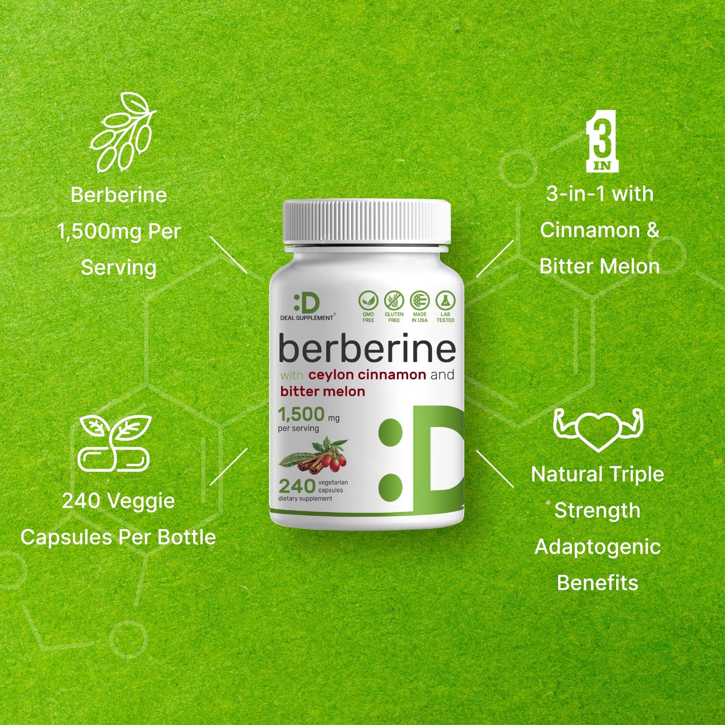 Berberine Supplement 500mg Per Capsule (1500mg Per Serving) | 240 Veggie Capsules