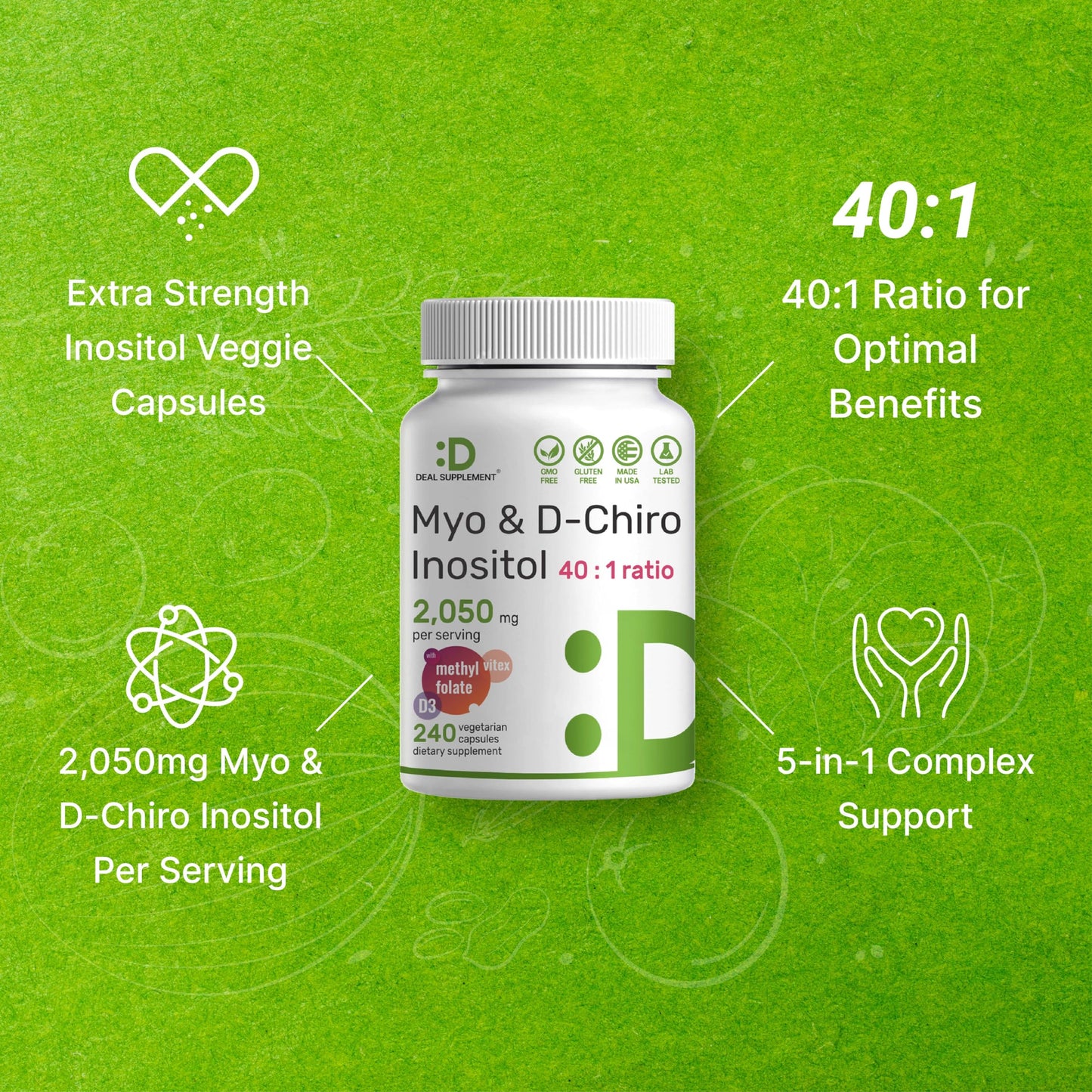 Myo-Inositol & D-Chiro Inositol Supplement (40:1) 2,050mg Per Serving, 240 Veggie Cap