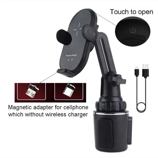 Universal Car Qi 15W Wireless Charger Cup Mobile Phone Holder Mount Automatic