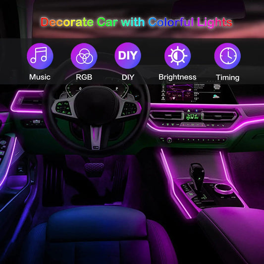 LED Car Interior Ambient Strip Lights RGB Fiber Optic Atmosphere Neon Lighting Kit