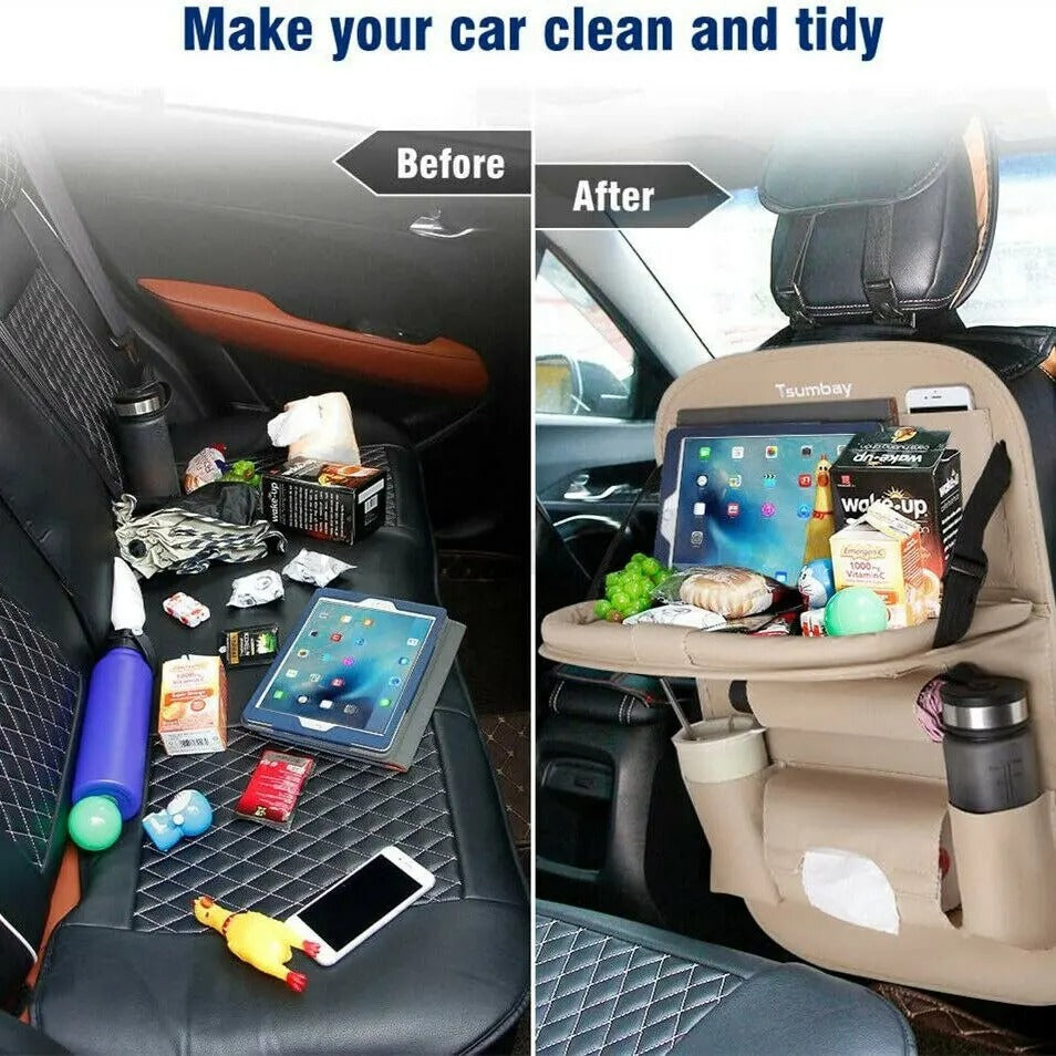 Car Seat Back Organizer with Foldable Table Tray PU Leather Storage Organizer