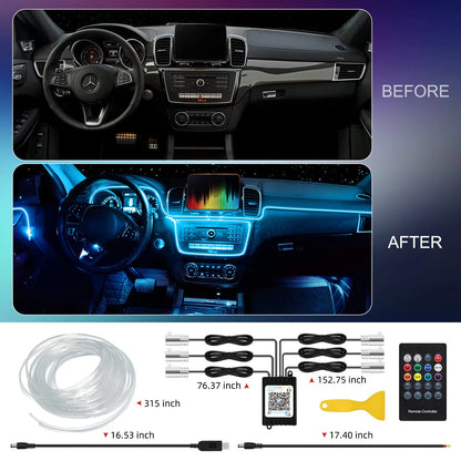 LED Car Interior Ambient Strip Lights RGB Fiber Optic Atmosphere Neon Lighting Kit