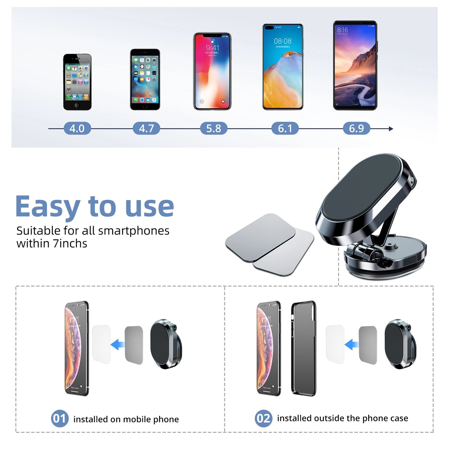 Magnetic Car Phone Holder Magnet Phone Bracket Foldable Dashboard Stand 360-degree